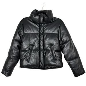 Abercrombie & Fitch Mini Puffer Jacket Vegan Faux Leather Black Womens Size XS